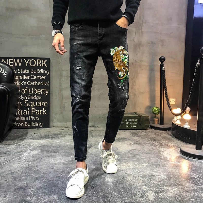 Casual Men Tiger Embroidery Stretch Slim Fit Black Jeans | Мужская одежда