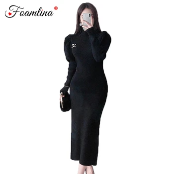 

Foamlina Casual Women Autumn Winter Sweater Dress Korean Fashion Turtleneck Long Puff Sleeve Casual Female Knit Bodycon Dress