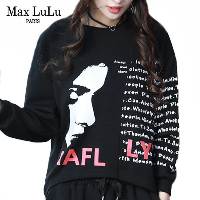 Женская футболка с длинным рукавом Max LuLu черная Повседневная принтом в стиле панк