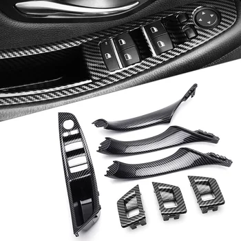 For BMW 5 Series F10 F18 Left Drive LHD 7Pcs 2010-2016 Beige Black Carbon Fiber Car Interior Door Handle Plate Decorative Cover 1