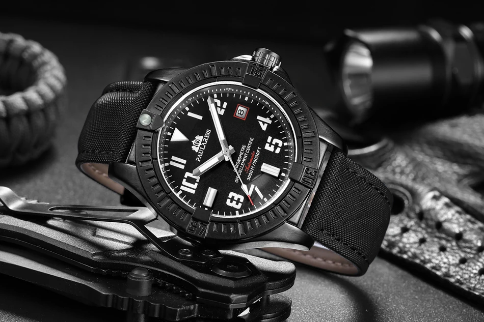 Automatic Self Wind Mechanical Black Bird Canvas Style Genuine Black Blue Leather Dial Date Luminous Luxury Men_voghion.com