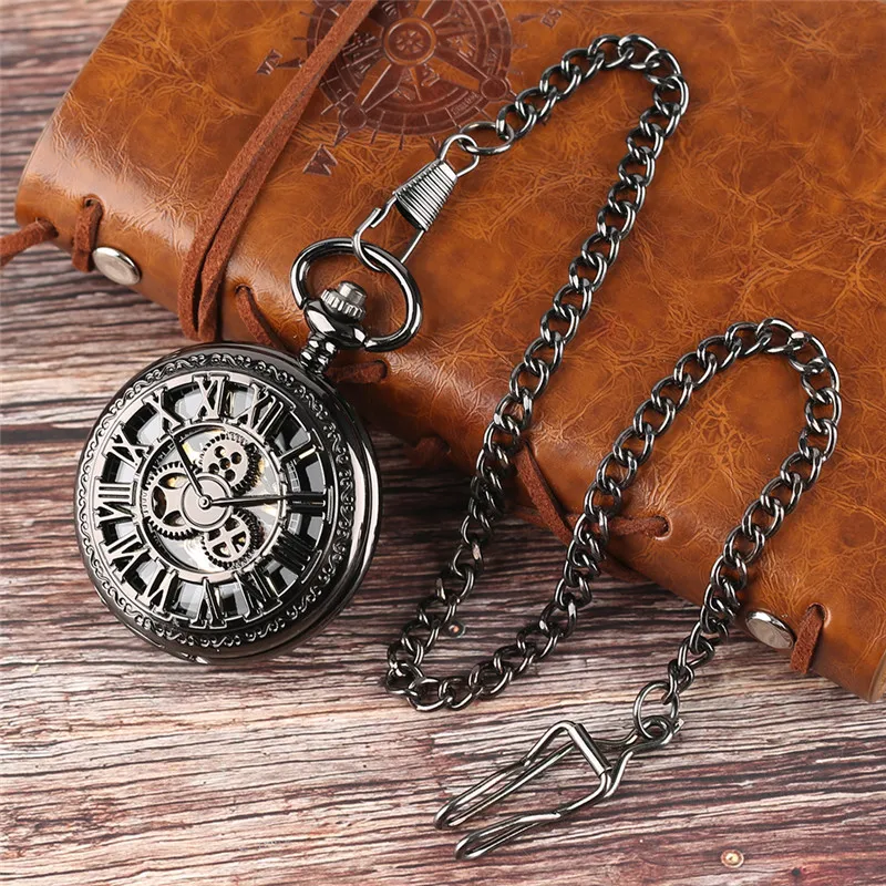 Steampunk Full Black Pocket Watch Unisex Skeleton Handwinding Mechanical Watches with Pendant Chain Roman Number Clock Gift
