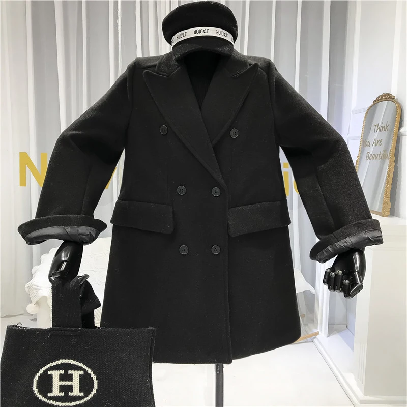 Двубортное зимнее пальто для женщин Abrigos Mujer Elegante отложной воротник на пуговицах однотонный Блейзер Куртка Теплый Толстый черный