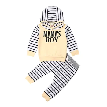 

0-24M Newborn Baby Boy Long Sleeve Hooded Tops Striped Pant Trouser 2PCS Outfits Autumn Clothes Set