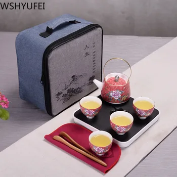 

Hand Painted Chinese ceramics Tea Sets Portable Travel Kung Fu Tea Set Home Office Cups Coffee Container With Bag Car tea set