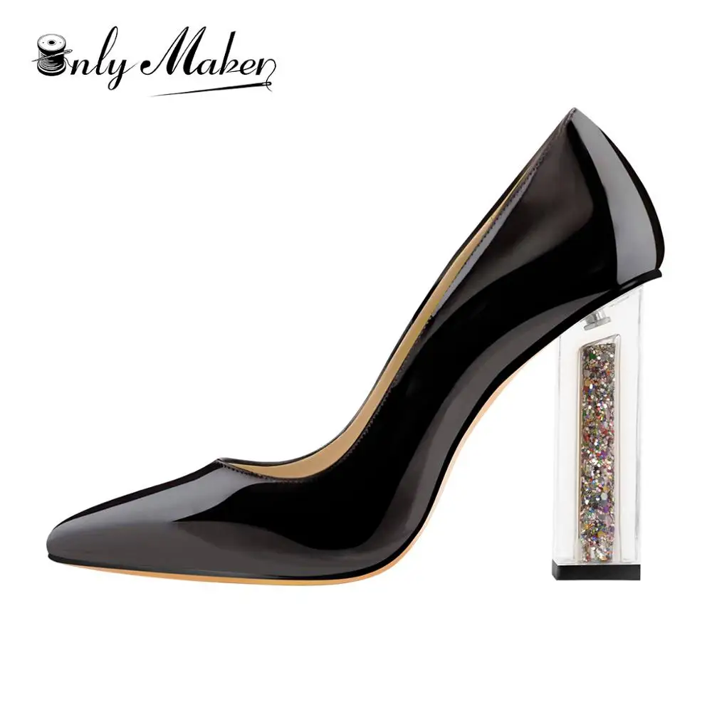 

Onlymaker Women's High Heel Pumps Shoes Lucite Clear Perspex Glitter Block Black Pointed Toe Pumps Shoes Plus Size US5~US15