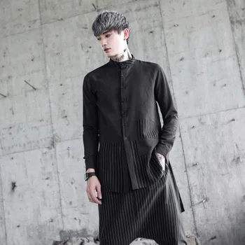 

Men New Stand Collar Spliced Stripe Long Sleeve Casual Shirt Male Fashion Punk Style Loose Shirt