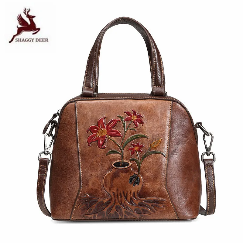 

Popular Luxury 100% Real Leather boston Women Bags elegant floral embossing single shoulder Bag