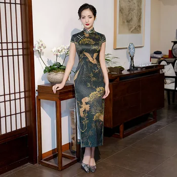 

Plus Size 3XL 4XL Oriental Design Print Women Cheongsam Elegant High Split Chinese Evening Dress Retro Stage Show Qipao