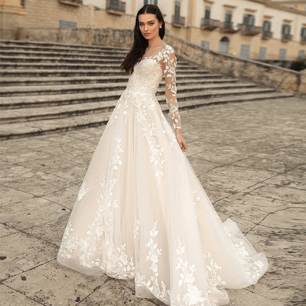 ADLN Charming Long Sleeves Wedding Gown Sheer Neck A-line Champagne Lace Bridal Dress New  Dresses Vestido de Novia 3