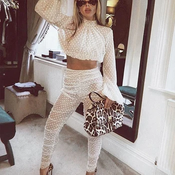 

Sexy Two Pieces Set Crop Tops Long Sleeve Polka Dot Long SLeeves See Through Transparent Bodycon Pants Famale Night Out Clubwear
