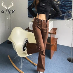 Calças de brim femininas marrons cintura alta primavera em linha reta baggy moda calças de rua design chique do vintage mãe perna larga queimado denim calças