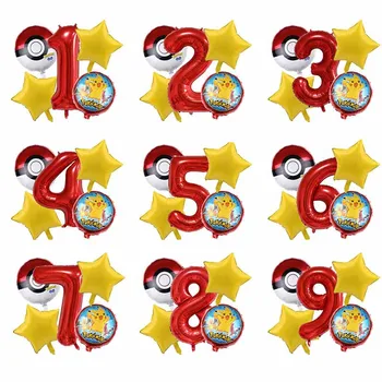 

5pcs/set Pokemon Birthday Party Decorations Kids Boy For Home Helium Foil Number Balloon Set Party Supplies Red Cartoon Ballon