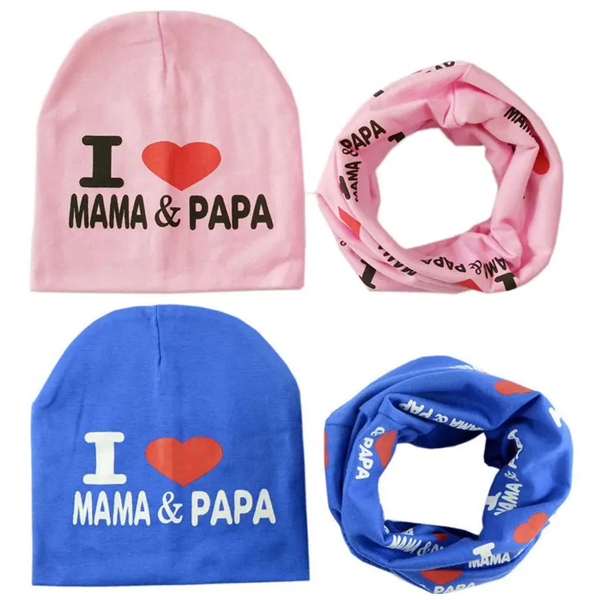 Baby winter Cap with Scarf Infant Girl Boy Unisex Beanie set Cotton Knitted Toddlers Children Beanies I love Mom Papa H109 | Детская