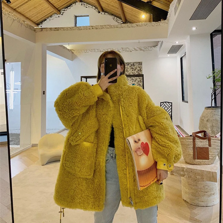 yellow Женская одежда Зимняя верхняя одежда пальто новая овечья шерсть плюшевая курчавая Шуба Кожа трава 1018 - Цвет: yellow