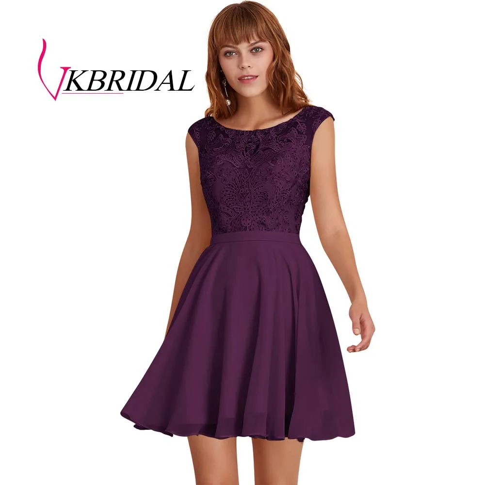 Фиолетовый VKBRIDAL, платья для выпускного вечера цвета шампанского, новинка, шифоновое кружевное платье с v-образным вырезом на спине, короткое платье для выпускного вечера - Цвет: Фиолетовый