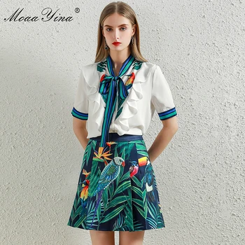 

MoaaYina Fashion Designer Set Summer Women Short sleeve Ruffles Shirt Tops+Parrot Beaded Sequins Print Skirt Two-piece suit