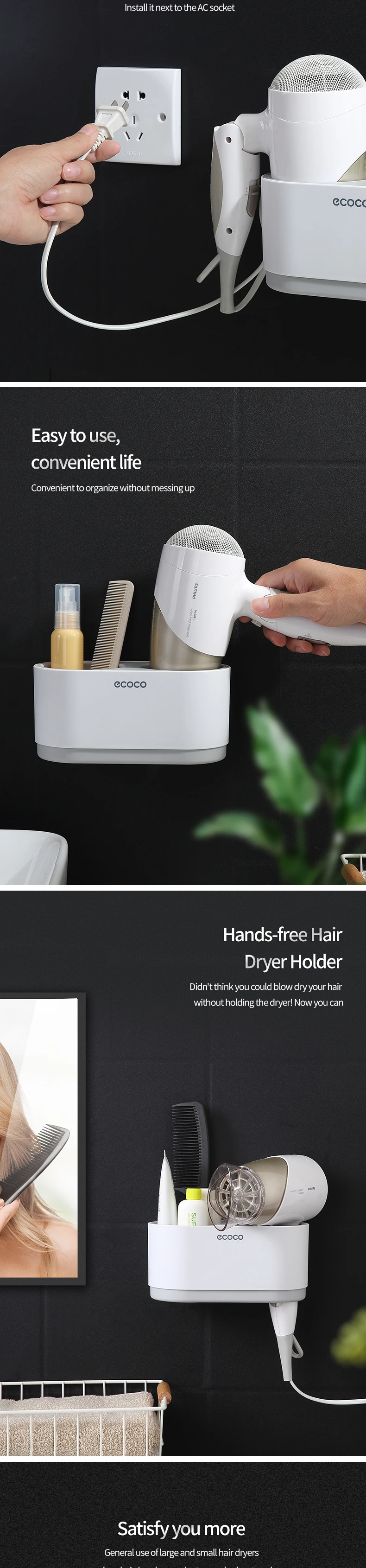 ECOCO Hair Dryer Rack Wall Mounted Punch Free Bathroom Accessories Set Home Bathroom Shelve Bathroom Holder Tool Drainage
