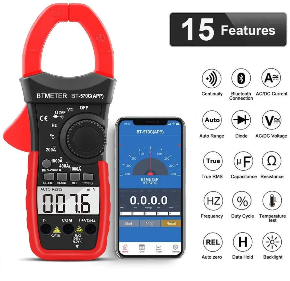 BTMETER BT 570C APP цифровой клещи 1000A AC/DC Ток Напряжение емкость температура мультиметр