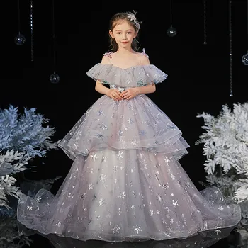 

2020Luxury New Model Show Catwalk Exquisite Sequined Design Princess Tail Dress Girls Children Fashion Evening Ceremony Dress
