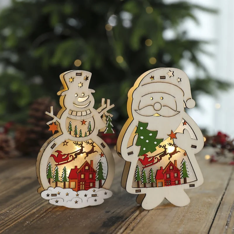 Деревянный Санта-Клаус, снеговик, светодиодный светильник, милое Рождественское украшение, ночник, Настольный светильник, аксессуары