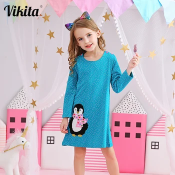 

VIKITA Baby Girls Dresses Cotton Autumn Winter Applique Animal Penguin Kids Clothing 3-8 Years Girls Party Casual Dresses