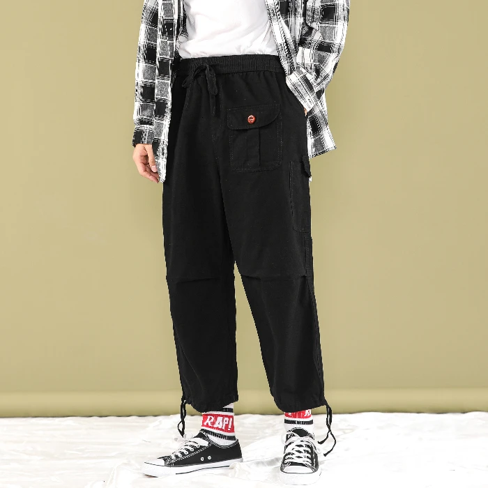 Дизайн хип-хоп стиль уличная осенняя Длина по щиколотку брюки большой карман мужские шнурок талии походные Мужские штаны свободные брюки - Цвет: Черный