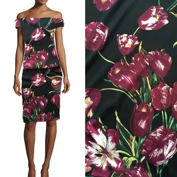 

100x145cm Purple Tulips Printed Polyester Silk Stretch Satin Fabric Woman Evening Dress Sleepwear Imitate Silk Fabric DIY Sewing