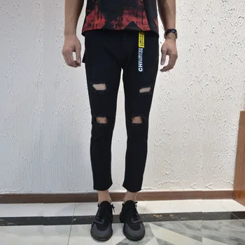 

2019 Black Hole Wash With Water Men Personality Pants Slim Fit Feet 7 Points Pants