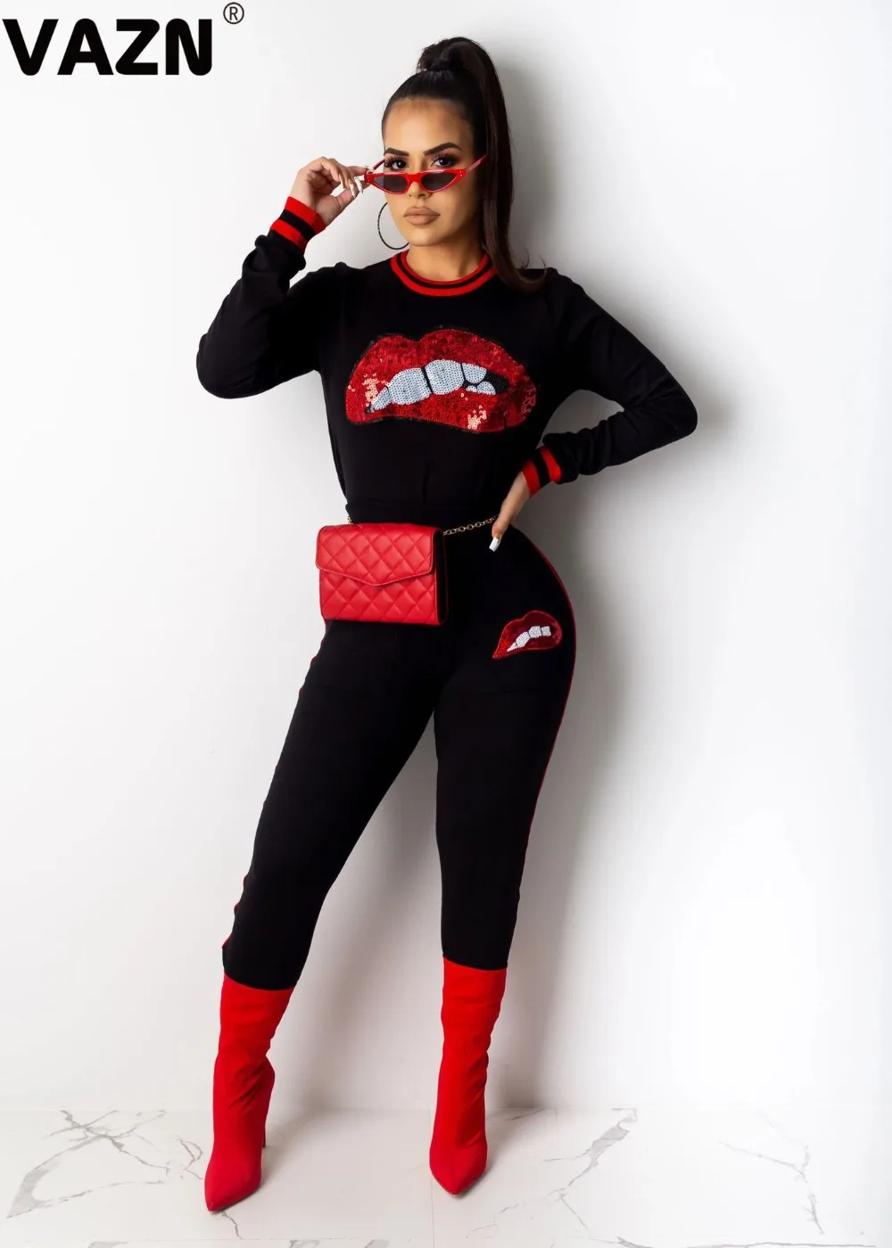 VAZN YS6109 New Untidy Flaring Sequined Casual High Quality Full Sleeve Rip Long Pants Regular Tracksuits Women 2 Piece Set