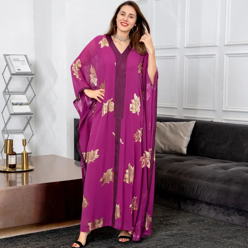 Muslim Ladies Robe 2022 Spring And Autumn New Fashion Bronzing Chiffon Bat Sleeve Plus Size Dress Loose Long Maxi Dresses Women