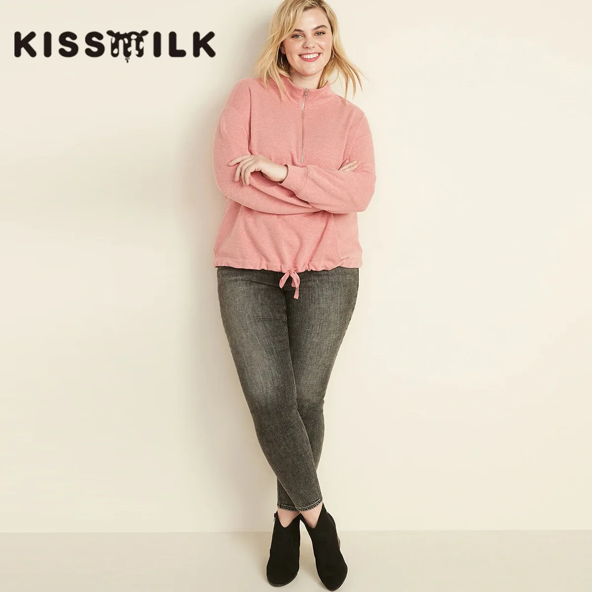 

Kisilk Simple Casual-Style Metal Zipper Stand Collar Loose-Fit Lace-up Drawstring Warm plus Velvet Large Size Hoodie