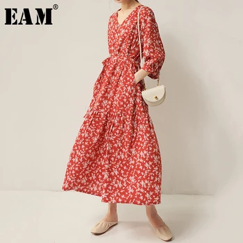 

[EAM] Women Red Printed Temperament Long Dress New V-Neck Three-quarter Sleeve Loose Fit Fashion Tide Spring Autumn 2020 1S959