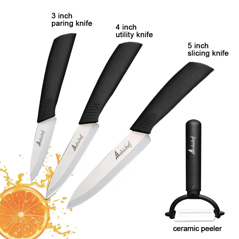 Керамические ножи, кухонные ножи 3, 4, 5, 6 дюймов, поварской нож, поварской набор+ Овощечистка, белый цирконий, лезвие, многоцветная ручка, высокое качество - Цвет: 3 Black Knives Set