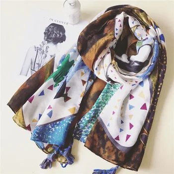 

2020 new versatile silk scarf spring autumn cotton hemp shawl Lovely penguin Indian forest Korean version men and women scarf