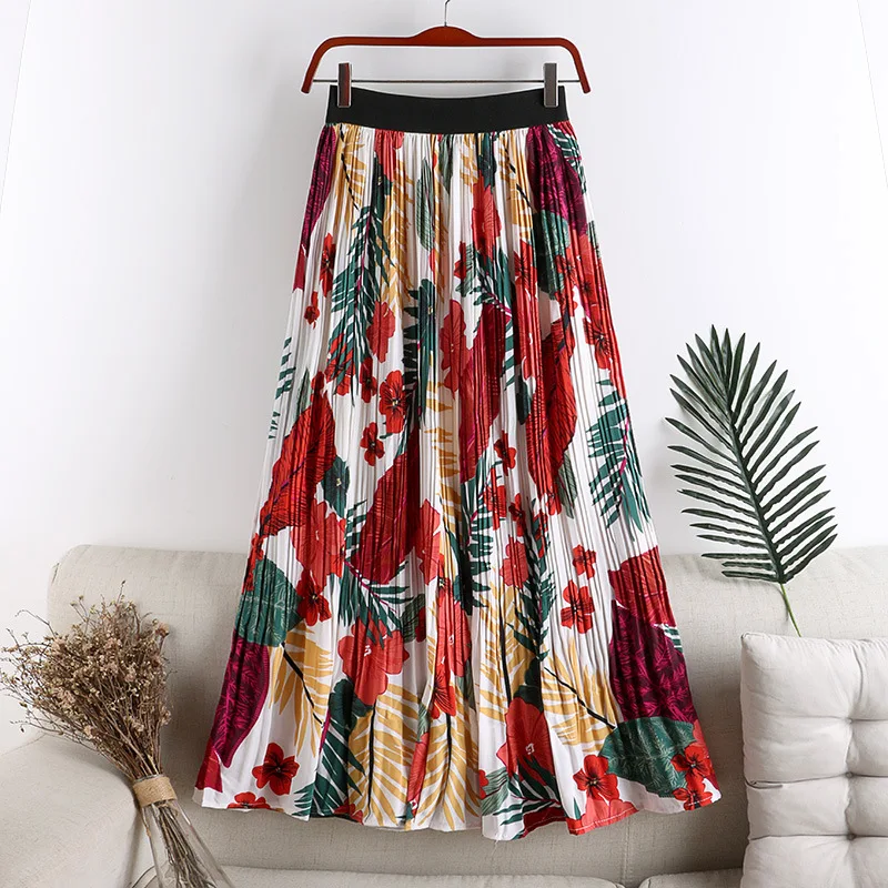 

Floral Pleated Skirts Chiffon Sunflower Aline Korean Style Mid-Calf Empire Autumn Spring Urban Casual Vacation Midi Women