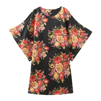 

Casual Female Loose Sleeve Home Dress Soft Satin Nightdress Intimate Lingerie Lougne Nightwear Sleepwear Print Flower Nightgown