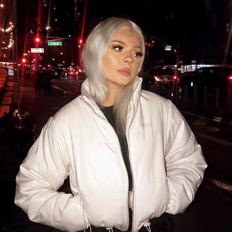

Weekeep Cropped Warm Winter Jacket Women Stand Collar Streetwear Solid Coats 2019 Casacos De Inverno Feminino