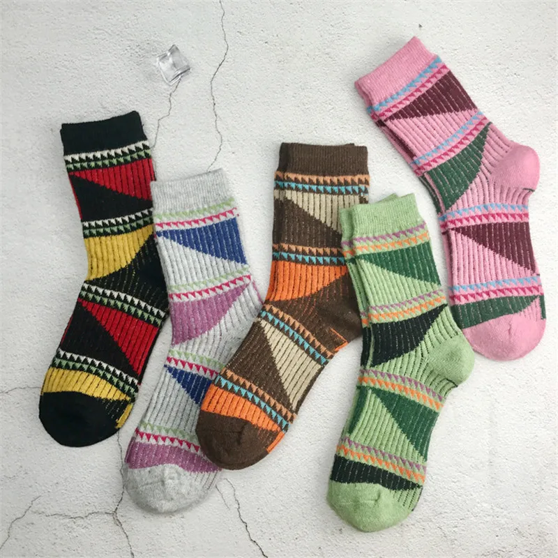 Женские носки из кроличьей шерсти, зимние толстые вязаные носки до колена с геометрическим рисунком, сохраняющие тепло, Антифрикционные женские носки