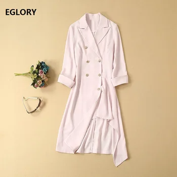 

2019 Autumn Fashion Trench Dress High Quality Women Notched Collar Double Breasted Asymmetrical Pink Black Work Dress Female