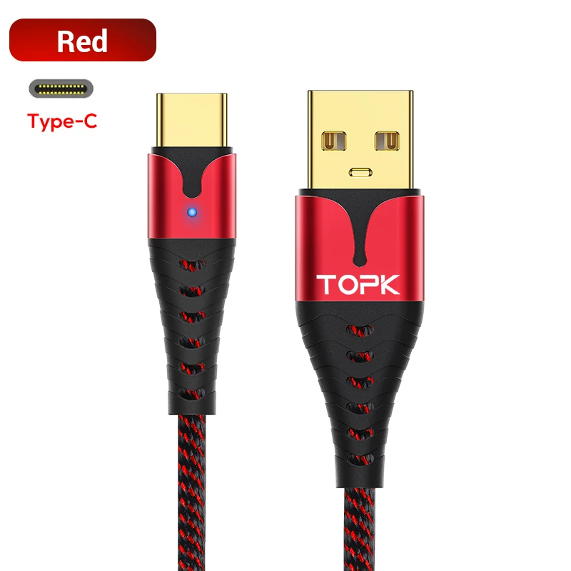 TOPK LED USB Type C Cable for Samsung S9 S8 Fast Charging Type-C Data Charge USBC Mobile Phone Cable for Xiaomi mi9 Redmi note 7 - Цвет: Red