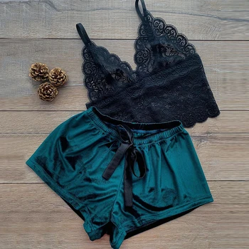 

Women Bow Sleepwear Set Lace Trim Satin Cami Top Sexy Lingerie Set Women V Neck Sleeveless Homewear