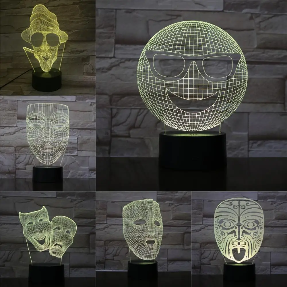 

3D Face Mask Night Light LED Acrylic Panel Lamp Table Atmosphere Novelty Lighting For Home Childs Boys Present Multicolor Change
