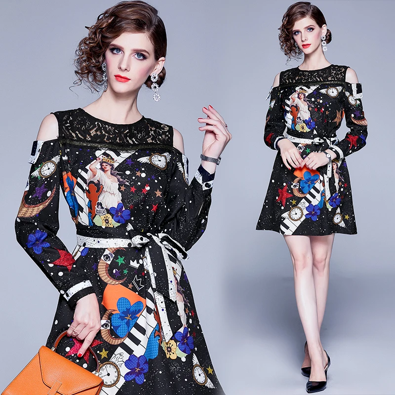 

Banulin Fashion Runway Summer Dress Women's Short Sleeve Lace Patchwork Angel Floral Print Ladies Casual Elegant Dress