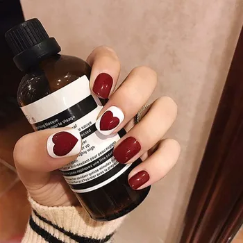 

24pcs/box Cute Wine Red Full Cover Artificial nail tips Love Heart Design acrylic short Fake Press On Nail with 2g glue for girl