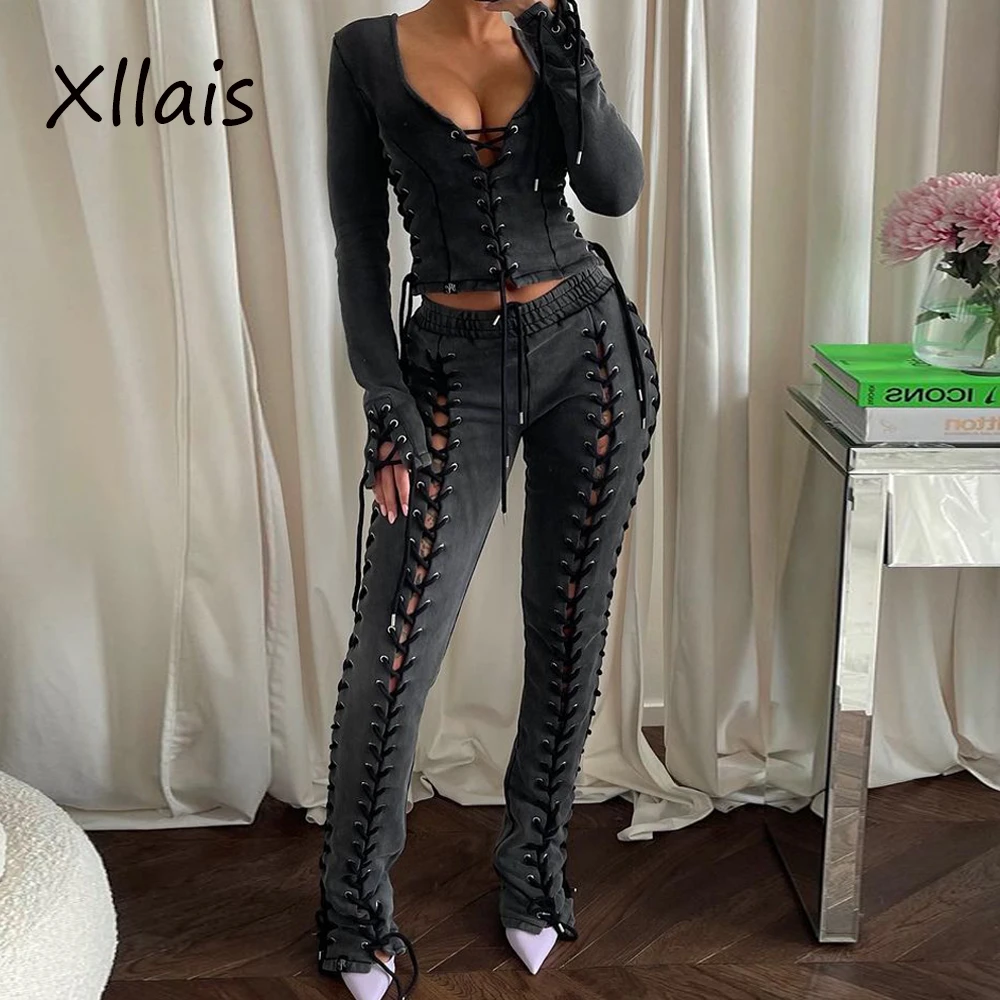 XLLAIS Spring Women Bodycon Top Long Sleeve Solid Lace Up High Street T-Shirt Sexy V-neck Tops 2022 New cute summer crop tops
