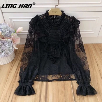 

LINGHAN Fashion Embroidery Top Sexy Hollow Out Lace shirt Elegant party shirts Autumn new Women