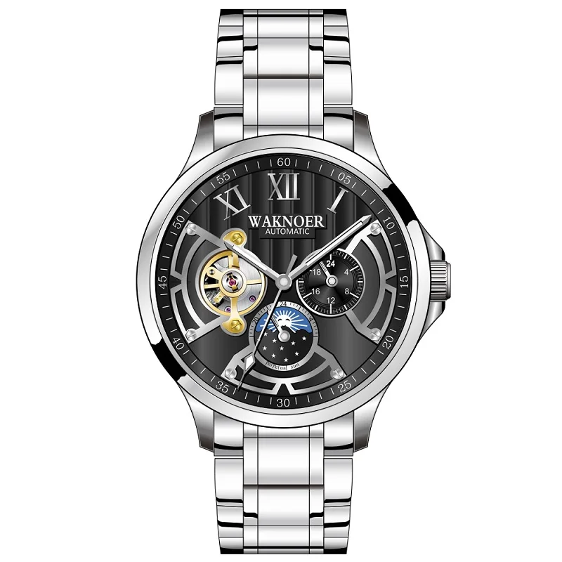 Black WAKNOER, деловые часы, мужские автоматические светящиеся часы, Tourbillon, механические, мужские Роскошные наручные часы с коробкой, разъединитель, Montre Homme - Цвет: Black