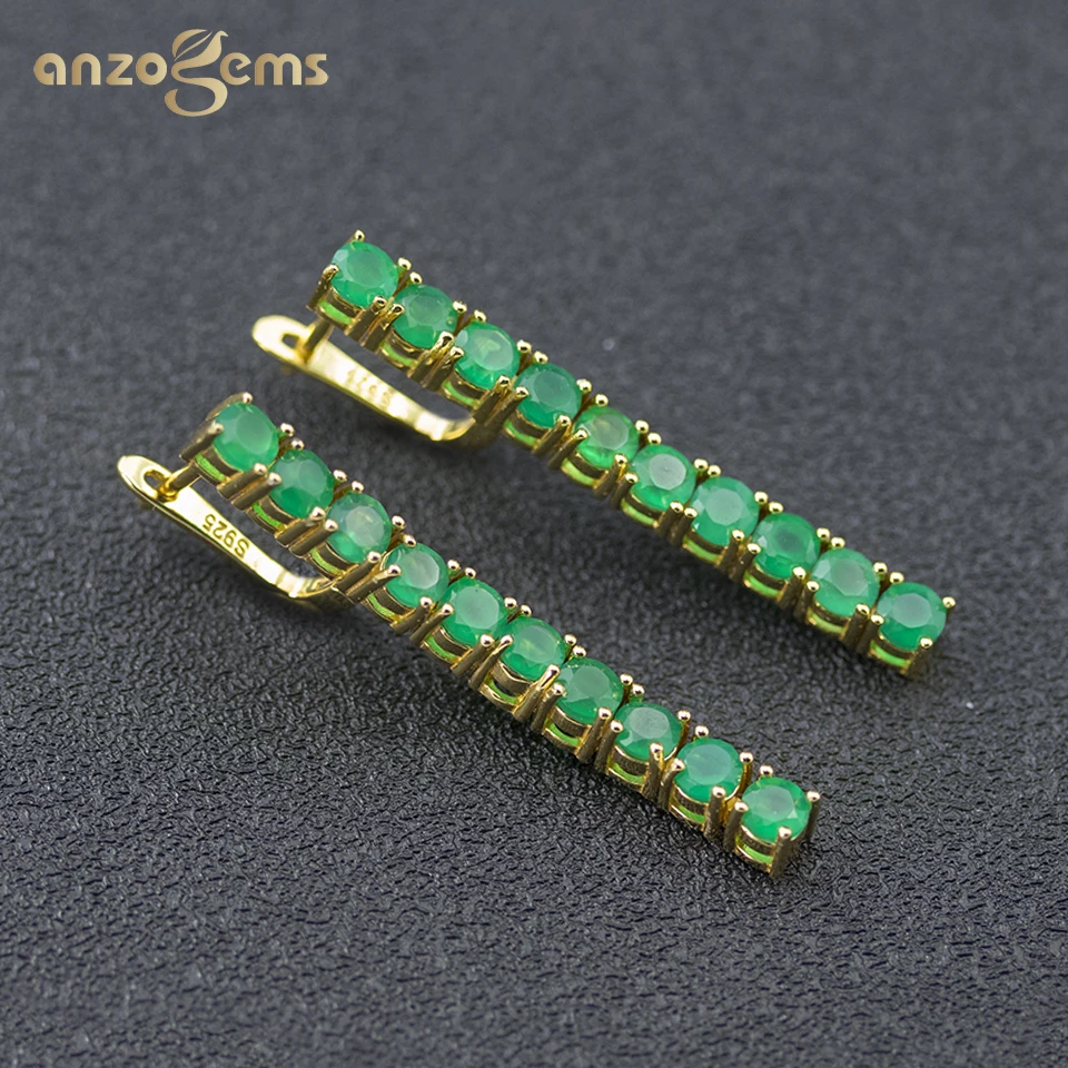 Серьги подвески Anzogems из натурального зеленого агата серебро 925 пробы модные