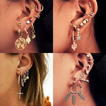 

ZOVOLI Vintage Mixed Metal Drop Dangle Earrings Set For Women Gold Crystal Moon Star Map Cross Small Cuff Clip Fashion Jewelry
